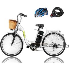 NAKTO 250Watt Women City Electric Bicycle 6 Speed Gear EBike 26" CAMEL White with Plastic Basket